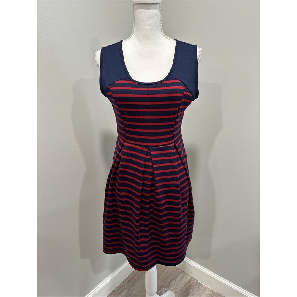 NWOT Just Ginger Striped Pleated Skater Mini Dress Red Navy Women's Size Medium